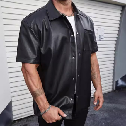Men's PU Leather Shirt | Short Sleeve Lapel Collar | Single Breasted Casual Top with Patch Pocket | Loose Fit for Streetwear & Semi-Formal Wear | Fashionable Lightweight Design