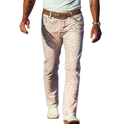 Men's Washed Denim Pants | Spring Summer Fashion | Retro Western Cowboy Style | Pink Leopard Print | Casual Wear | Comfortable Fit