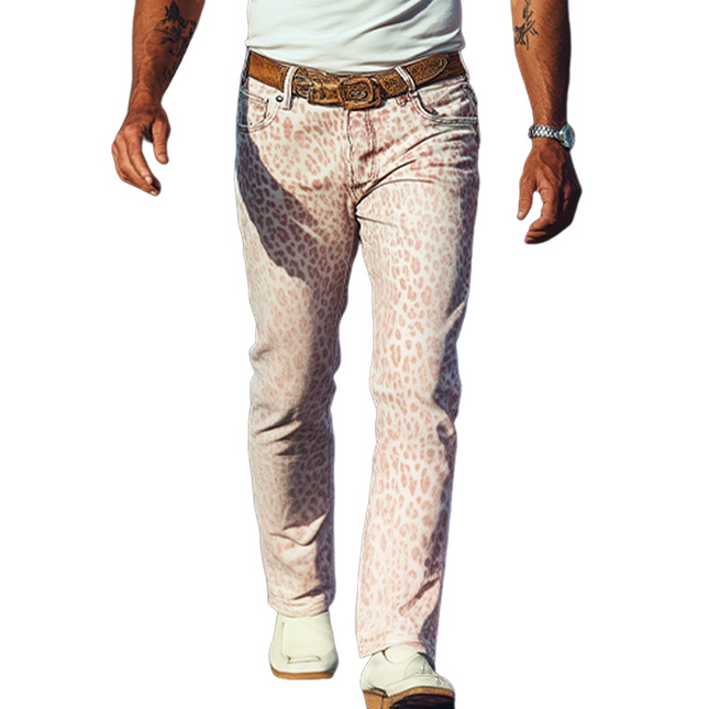 Men's Washed Denim Pants | Spring Summer Fashion | Retro Western Cowboy Style | Pink Leopard Print | Casual Wear | Comfortable Fit