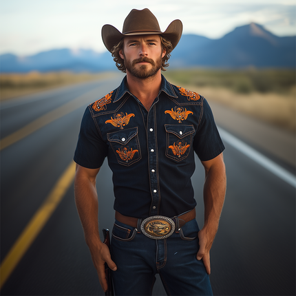 Men's Denim Shirt | Retro Western Cowboy Style | Slim Fit | Short Sleeve | Washed Denim | Embroidery Details | Metal Button Closure | Spring and Summer Fashion | Casual Versatile Shirt