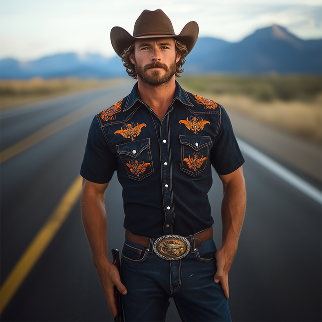 Men's Denim Shirt | Retro Western Cowboy Style | Slim Fit | Short Sleeve | Washed Denim | Embroidery Details | Metal Button Closure | Spring and Summer Fashion | Casual Versatile Shirt