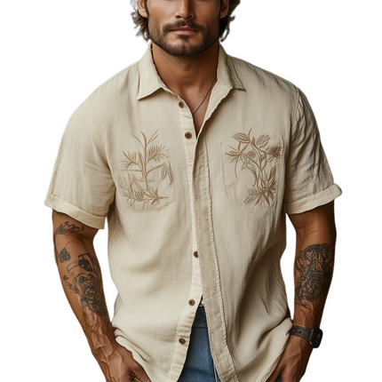 Men's Khaki Tencel Shirt | Vintage Embroidery | Short Sleeve | Casual Style | Breathable Fabric | Button-Down | Regular Fit | Ideal for Warm Weather | Classic Turn-Down Collar | Versatile Neutral Color