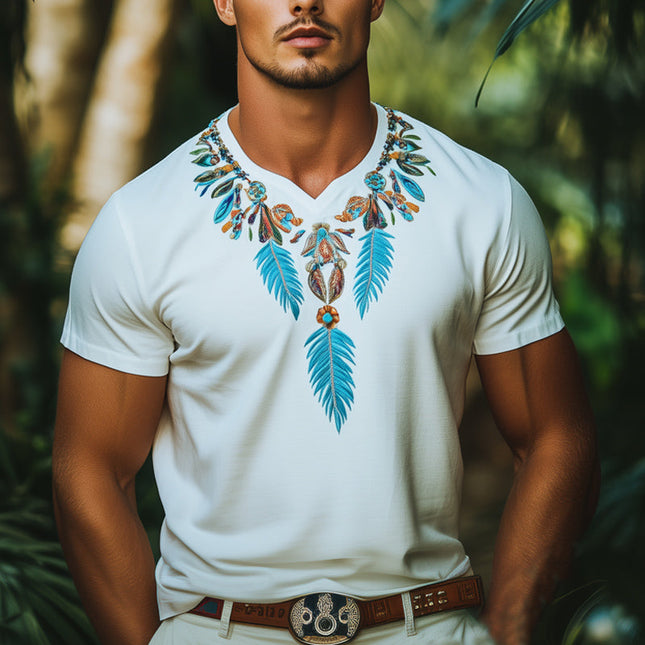 Men's Summer T-Shirt | Indian Style Embroidered Short Sleeve | Lightweight Cotton Blend | Crew Neck | Cultural Elegance | Casual Wear | Multiple Sizes