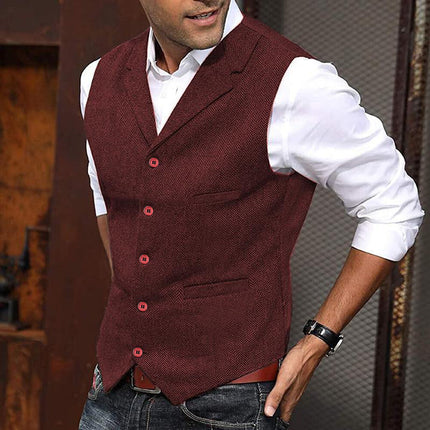 Men's Slim Fit Herringbone Suit Vest | Vintage Style | Single Breasted | Notch Lapel | Wool Blend | Elegant Formal & Smart Casual Layering | Adjustable Back Strap | Versatile Colors & Sizes