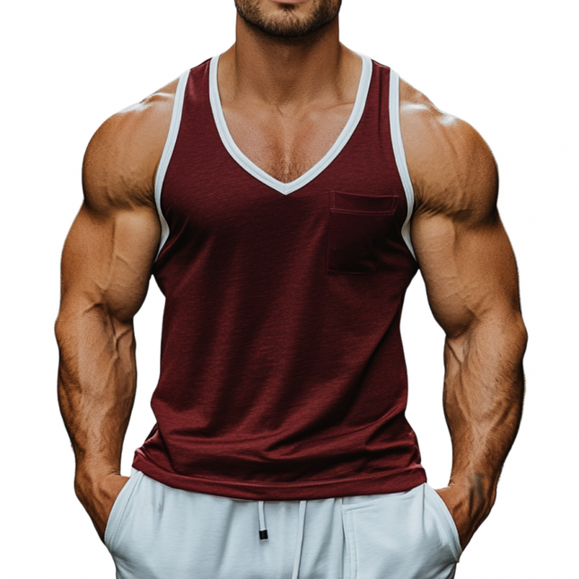 Men's Breathable Cotton Slim Fit Tank Top | Colorblock V-Neck | Patch Pocket | Casual Summer Essential | High-Quality Fabric | Modern Youthful Design