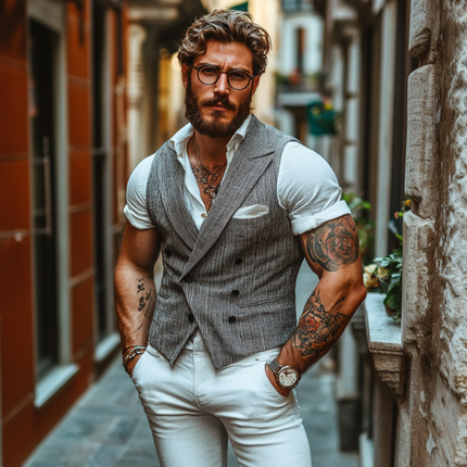 Men's Cotton Blend Slim-Fit Vest | Double-Breasted Peaked Lapel | Casual Suit Vest | Elegant Formal & Smart-Casual Style | Comfortable Lightweight Fabric | Functional Pockets | Versatile Wardrobe Essential