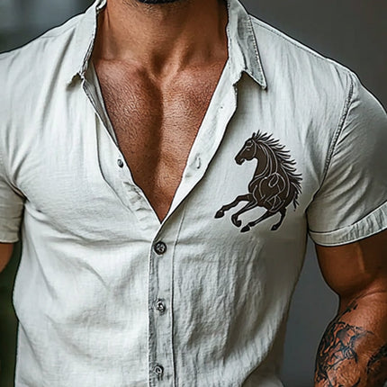 Men's Horse Print Shirt | Short Sleeve | Lapel Collar | Equestrian Motif | Casual Summer Top | Breathable Cotton Blend | Sizes S-3XL | Fashionable Design | Unique Style | Versatile Men's Clothing