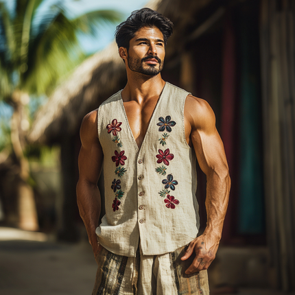 Men's Vintage Floral Embroidered Linen Tank | Breathable V-Neck | Single Breasted | Loose Fit | Summer Casual Top | Artistic Embroidery | Lightweight & Airy Sleeveless Shirt