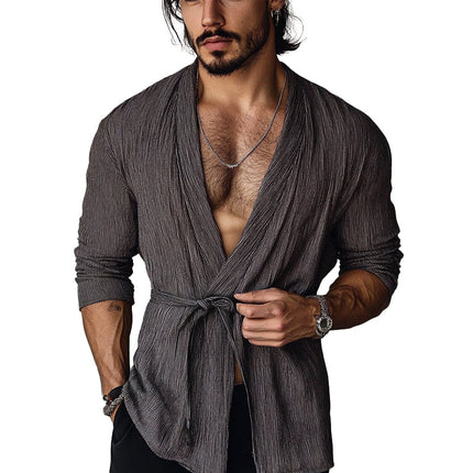 Men's Long Sleeve Tie-Front Cardigan | Casual Loose Fit | Open Front Outerwear | Soft Fabric Comfortable Layering