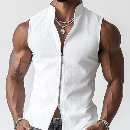 Men's Premium Cotton Sleeveless Shirt | Stand Collar | Slim Fit | Zipper Placket | Casual Summer Top | Breathable Lightweight Fabric | Versatile Colors | Multiple Sizes | Functional Sporty Style
