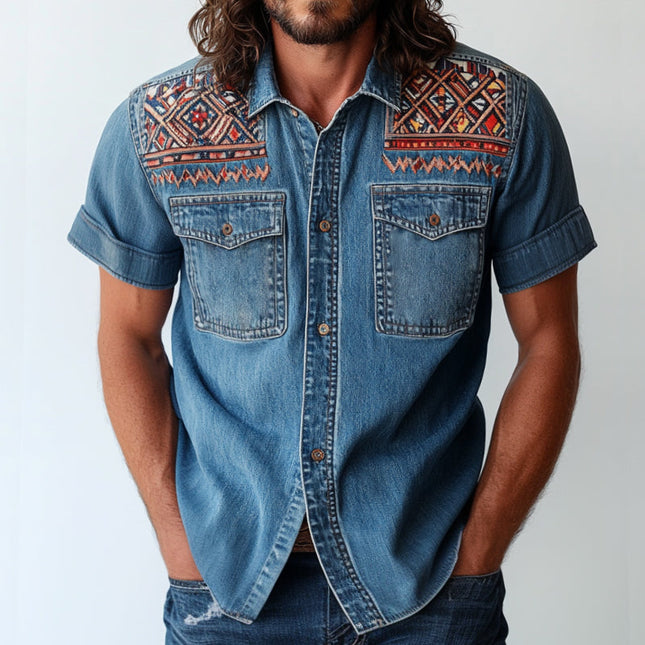 Men's Retro Ethnic Print Denim Shirt | Casual Short Sleeve | Vintage Style Lapel Collar | Breathable Cotton Fabric | Versatile Fit | Ideal for Spring Summer | Available in S-3XL | Unique Design