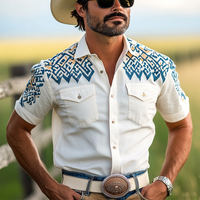 Men's Western Cowboy Shirt | Aztec Print | Short Sleeve | Vibrant Patterns | Cotton Blend | Relaxed Fit | Classic Lapel Collar | Button-Up Front | Casual Summer Clothing | Sizes Available