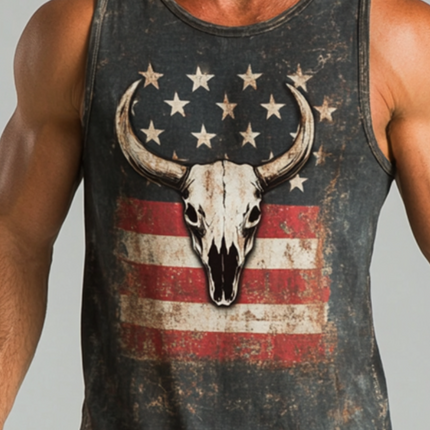 Men's Tank Top | Retro Western Cowboy Style | American Flag Print | Sleeveless Crew Neck | Casual Summer Wear | Breathable Cotton Blend | Vintage Americana | Patriotic Style | Sizes S-3XL