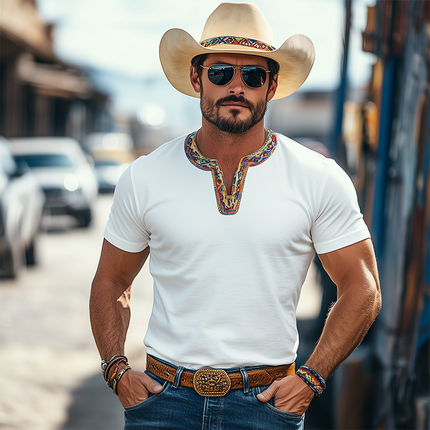 Men's Cotton Blend V-Neck T-Shirt | Retro Western Cowboy Style | Casual Short Sleeve | Colorful Ribbon Splicing | Breathable Fabric | Classic Vintage Aesthetic