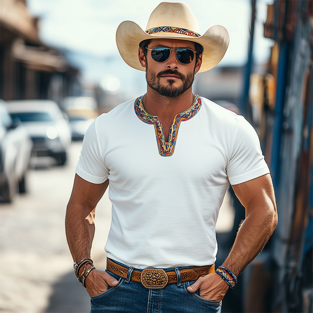 Men's Cotton Blend V-Neck T-Shirt | Retro Western Cowboy Style | Casual Short Sleeve | Colorful Ribbon Splicing | Breathable Fabric | Classic Vintage Aesthetic