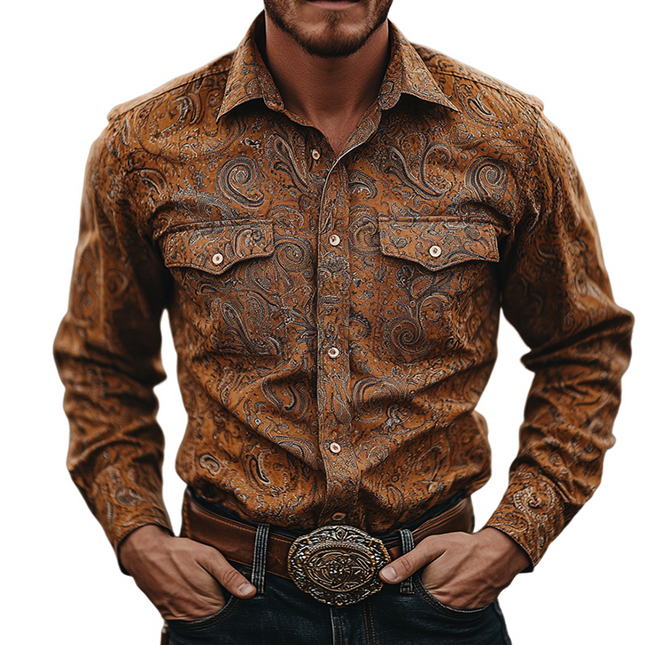 Men's Western Perris Print Shirt | Vintage Lapel Long Sleeve | Cotton Fabric | Casual & Semi-Formal | Classic Design | Available in Sizes S-3XL