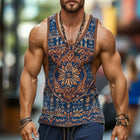 Men's Sleeveless Ethnic Geometric Print Tank Top | Retro Style Round Neck | Lightweight Cotton Blend | Versatile Casual Wear for Beach Vacations | Sizes S to 3XL | Comfort Fit