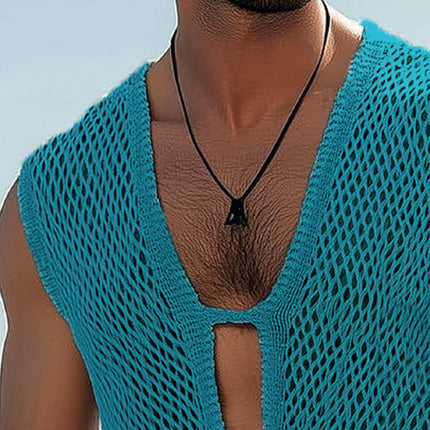 Men's Knitted Mesh Tank Top | Deep V Neck | Summer Sleeveless Shirt | Breathable Polyester Blend | Lightweight Comfort | Edgy Style | Sizes S-3XL | Casual Beachwear | Ventilated Design