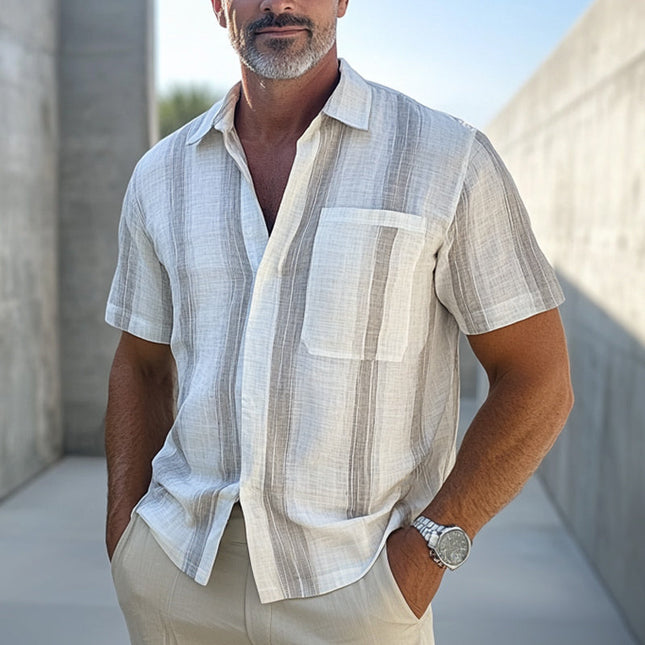 Men's Vertical Striped Shirt | Short-Sleeve | Casual Cotton Linen Blend | Breathable & Lightweight | Relaxed Fit | Button-Down Collar | Stylish Summer Top | Perfect for Casual Outings