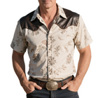 Men's Retro Western Cowboy Shirt | Classic Leather Splicing | Print Lapel | Short Sleeve | Casual Style | Vintage-Inspired | Breathable & Durable | Ideal for Western Events | Available in S to 3XL Sizes