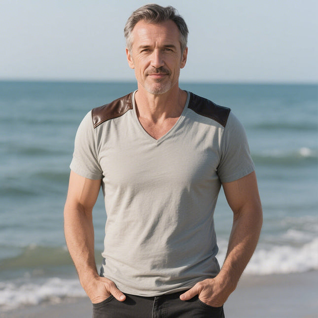 Men's Vintage Style Leather Stitching T-Shirt | V-Neck | Short Sleeve | Casual Wear | Breathable Cotton | Comfortable Fit | Retro Fashion | Sizes S-3XL | Ideal for Spring Summer Autumn