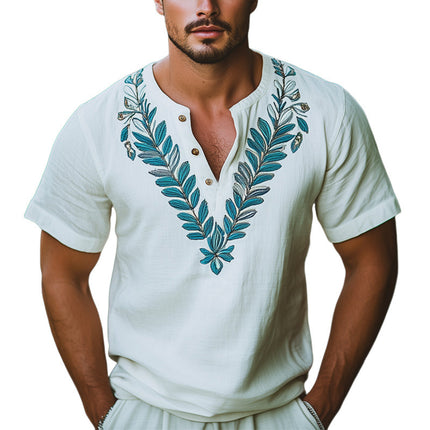 Men's V-Neck Leaf Embroidery Short Sleeve T-Shirt | Summer Casual Cotton Blend | Relaxed Fit | Nature-Inspired Design | Comfort & Style | Machine Washable