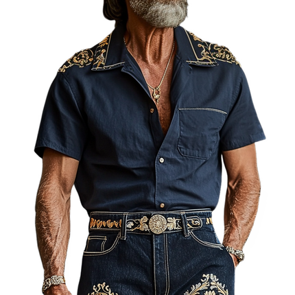 Men's Retro Embroidered Lapel Shirt | Short Sleeve | Vintage Style | Breathable Fabric | Button-Up Front | Casual Outings | Festivals | Relaxed Fit | Soft Cotton Blend | Notched Collar | Stylish Retro Flare