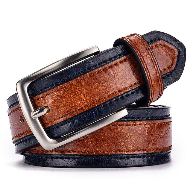 Men's Leather Belt | Vintage Colorblock Design | Pin Buckle | High-Quality Genuine Leather | Classic Style | Versatile for Casual & Formal Wear | Adjustable Fit