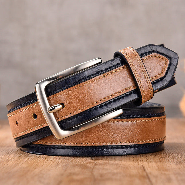 Men's Leather Belt | Vintage Colorblock Design | Pin Buckle | High-Quality Genuine Leather | Classic Style | Versatile for Casual & Formal Wear | Adjustable Fit