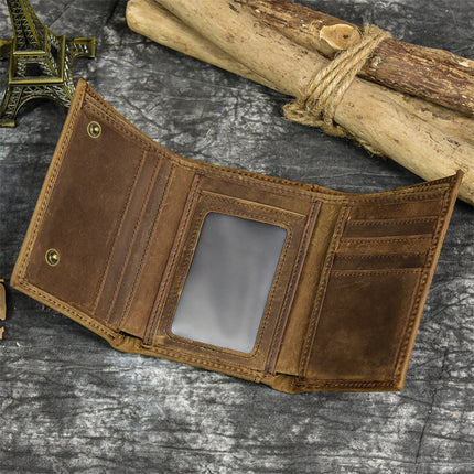 Men's Vintage Trifold Wallet | Casual Genuine Leather | Classic Style | High-Quality Material | Ample Storage | Card Slots | ID Window | Bill Compartments | Snap Closure | Durable Accessory