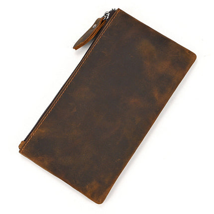 Men's Long Wallet | Vintage Crazy Horse Leather | Large Capacity | Durable Zip Closure | High-Quality Material | Versatile Everyday Use | Timeless Style | Unique Aging Patina | Perfect Gift for Men
