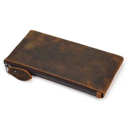 Men's Long Wallet | Vintage Crazy Horse Leather | Large Capacity | Durable Zip Closure | High-Quality Material | Versatile Everyday Use | Timeless Style | Unique Aging Patina | Perfect Gift for Men