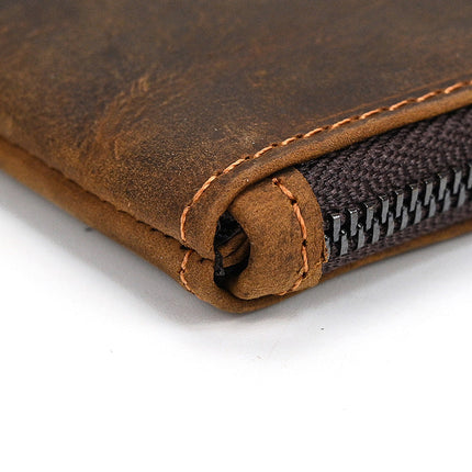 Men's Long Wallet | Vintage Crazy Horse Leather | Large Capacity | Durable Zip Closure | High-Quality Material | Versatile Everyday Use | Timeless Style | Unique Aging Patina | Perfect Gift for Men