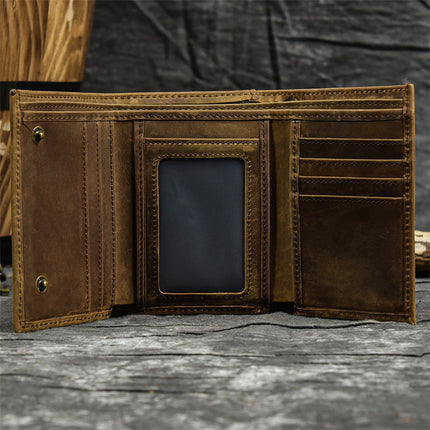 Men's Vintage Trifold Wallet | Casual Genuine Leather | Classic Style | High-Quality Material | Ample Storage | Card Slots | ID Window | Bill Compartments | Snap Closure | Durable Accessory