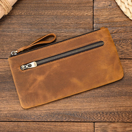 Men's Long Wallet | Vintage Crazy Horse Leather | Large Capacity | Durable Zip Closure | High-Quality Material | Versatile Everyday Use | Timeless Style | Unique Aging Patina | Perfect Gift for Men
