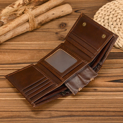 Men's Vintage Trifold Wallet | Casual Genuine Leather | Classic Style | High-Quality Material | Ample Storage | Card Slots | ID Window | Bill Compartments | Snap Closure | Durable Accessory