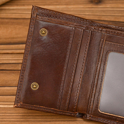 Men's Vintage Trifold Wallet | Casual Genuine Leather | Classic Style | High-Quality Material | Ample Storage | Card Slots | ID Window | Bill Compartments | Snap Closure | Durable Accessory