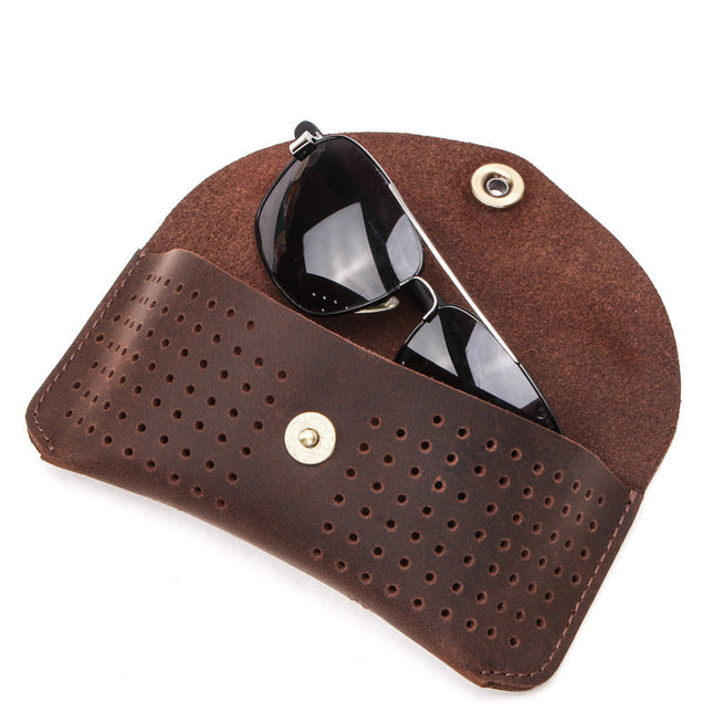 Men's Eyewear Storage Bag | Portable Top Layer Cowhide Case | Hollow Design | Lightweight & Durable | Secure Closure for Glasses & Sunglasses