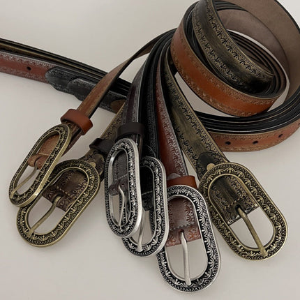 Men's Vintage Distressed Genuine Leather Belt | Engraved Embossed Design | High-Quality Material | Classic Buckle | Stylish & Durable | Versatile for Casual & Semi-Formal Outfits | Multiple Sizes Available