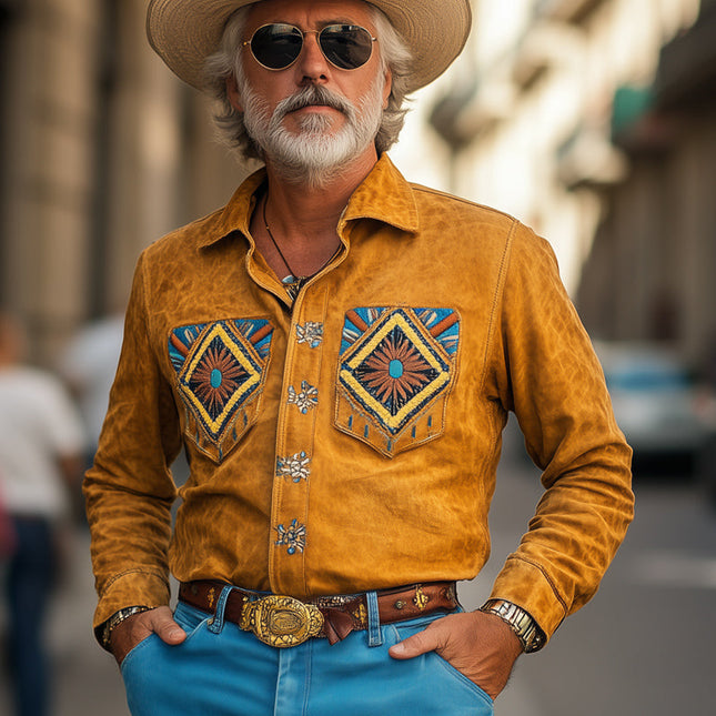 Men's Vintage Embroidered Suede Shirt | Long Sleeve | Button-Down | Point Collar | Casual Dress Shirt | Timeless Elegance | Soft Texture | Available in Multiple Sizes | Sophisticated Design | Durable & Comfortable