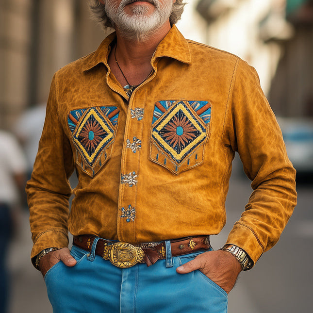 Men's Vintage Embroidered Suede Shirt | Long Sleeve | Button-Down | Point Collar | Casual Dress Shirt | Timeless Elegance | Soft Texture | Available in Multiple Sizes | Sophisticated Design | Durable & Comfortable