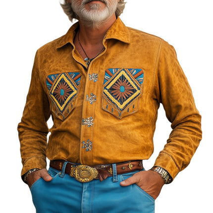 Men's Vintage Embroidered Suede Shirt | Long Sleeve | Button-Down | Point Collar | Casual Dress Shirt | Timeless Elegance | Soft Texture | Available in Multiple Sizes | Sophisticated Design | Durable & Comfortable