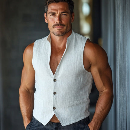 Men's Vest | Pure White Stand Collar | Cotton Linen Blend | Three-Button Closure | Versatile Formal Casual Wear | Modern Minimalist Design | Comfortable Durable Fabric | Tailored Fit | Sizes S-3XL