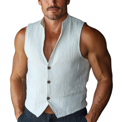 Men's Vest | Pure White Stand Collar | Cotton Linen Blend | Three-Button Closure | Versatile Formal Casual Wear | Modern Minimalist Design | Comfortable Durable Fabric | Tailored Fit | Sizes S-3XL