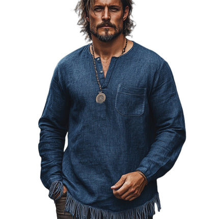Men's Long Sleeve Vintage Navy Blue V-Neck T-Shirt | Cotton Linen Blend | Tassel Detail | Casual Elegant Style | Small to 3XL Sizes | Breathable Comfortable Versatile