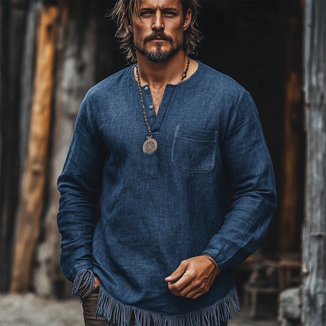 Men's Long Sleeve Vintage Navy Blue V-Neck T-Shirt | Cotton Linen Blend | Tassel Detail | Casual Elegant Style | Small to 3XL Sizes | Breathable Comfortable Versatile