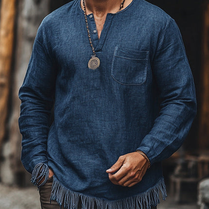 Men's Long Sleeve Vintage Navy Blue V-Neck T-Shirt | Cotton Linen Blend | Tassel Detail | Casual Elegant Style | Small to 3XL Sizes | Breathable Comfortable Versatile