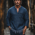 Men's Vintage Navy V-neck T-shirt | Casual Cotton Linen Blend | Long Sleeve | Breathable Comfort | Multiple Sizes