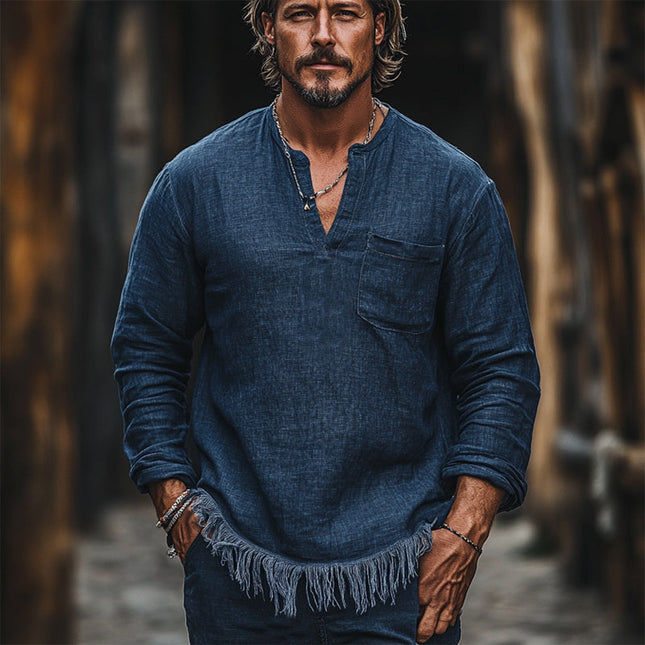 Men's Vintage Navy V-neck T-shirt | Casual Cotton Linen Blend | Long Sleeve | Breathable Comfort | Multiple Sizes