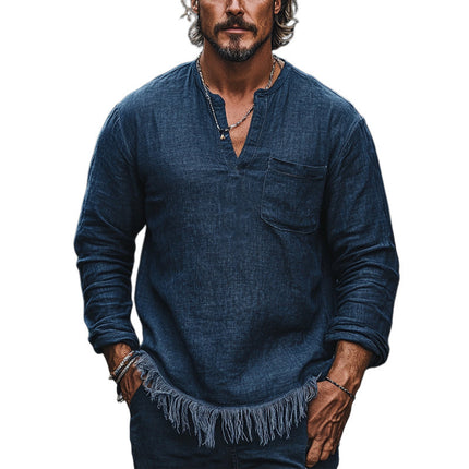 Men's Vintage Navy V-neck T-shirt | Casual Cotton Linen Blend | Long Sleeve | Breathable Comfort | Multiple Sizes